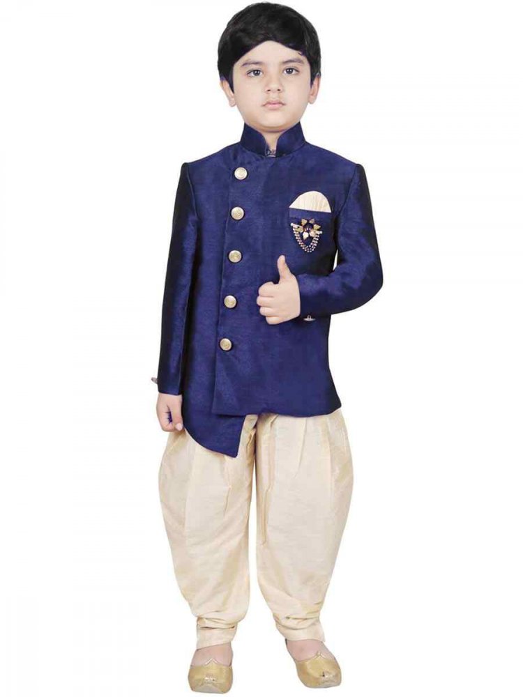 Navy Blue Dupion Silk Brocade Festival Traditional Kurta Dhoti Boys Wear