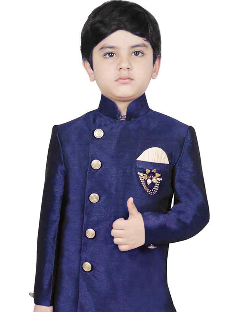 Navy Blue Dupion Silk Brocade Festival Traditional Kurta Dhoti Boys Wear