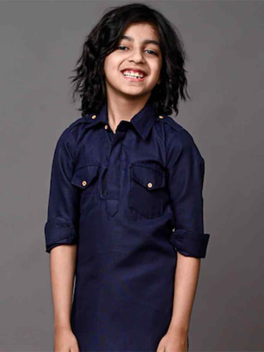 Navy Blue Dupion Silk Brocade Festival Traditional Kurta Dhoti Boys Wear