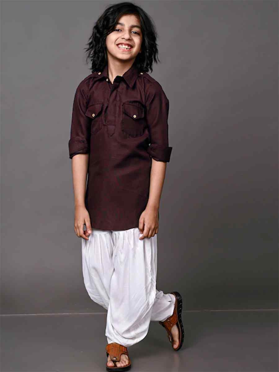 Brown Dupion Silk Brocade Festival Traditional Kurta Dhoti Boys Wear