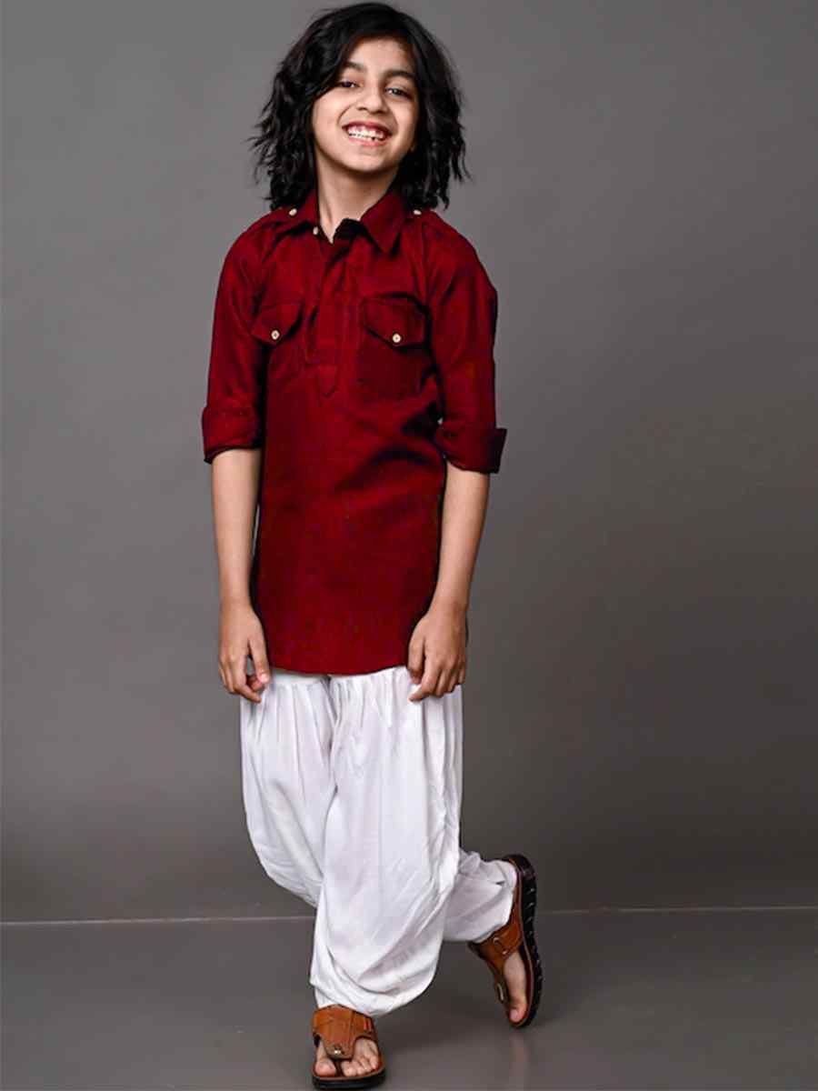Maroon Dupion Silk Brocade Festival Traditional Kurta Dhoti Boys Wear