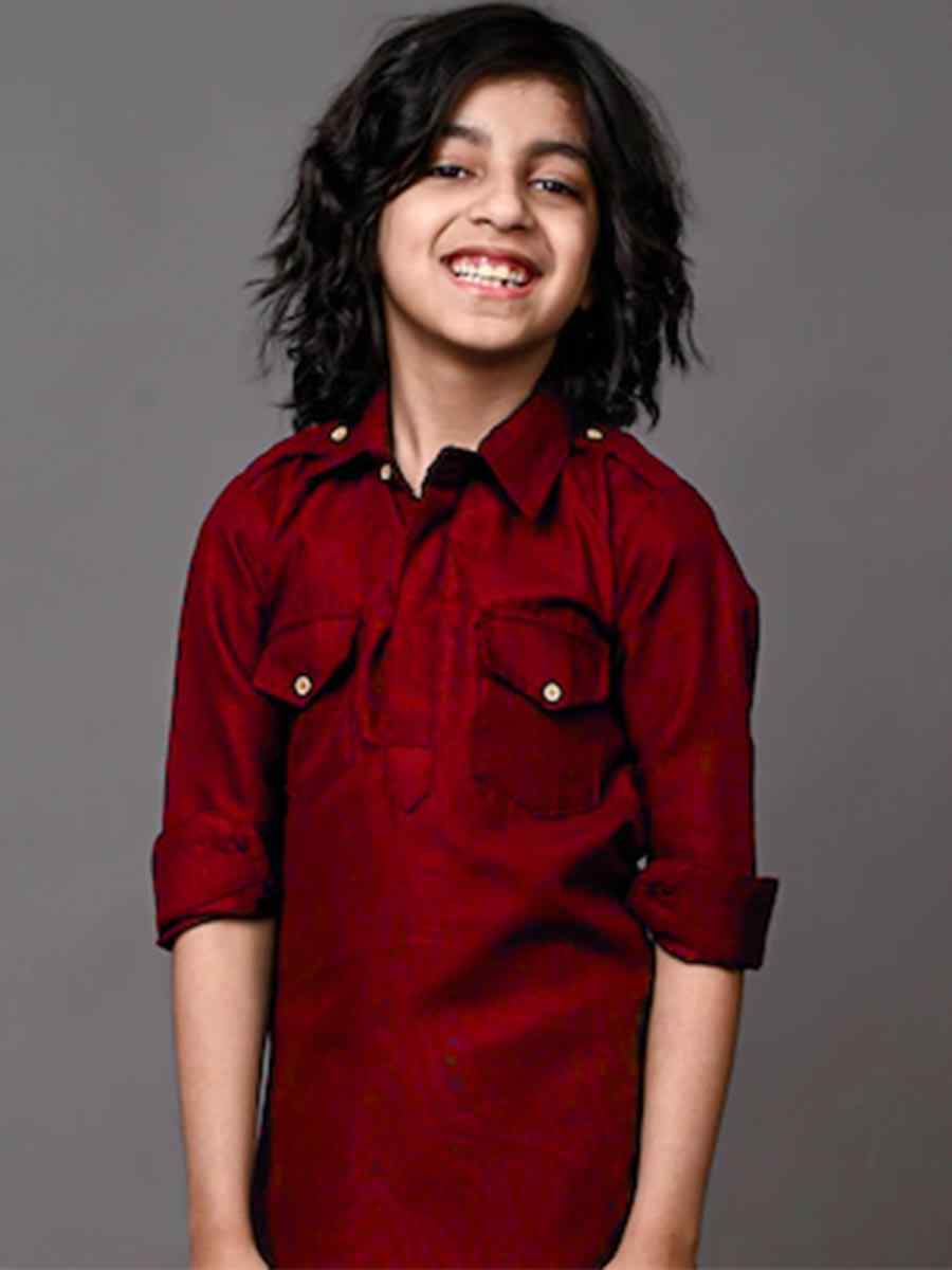 Maroon Dupion Silk Brocade Festival Traditional Kurta Dhoti Boys Wear