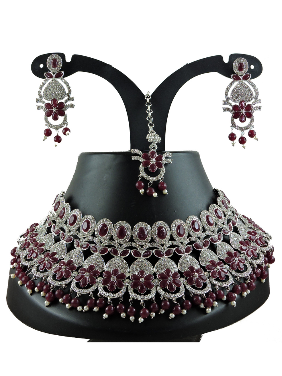 Maroon Alloy Festival Wear Diamonds Necklace