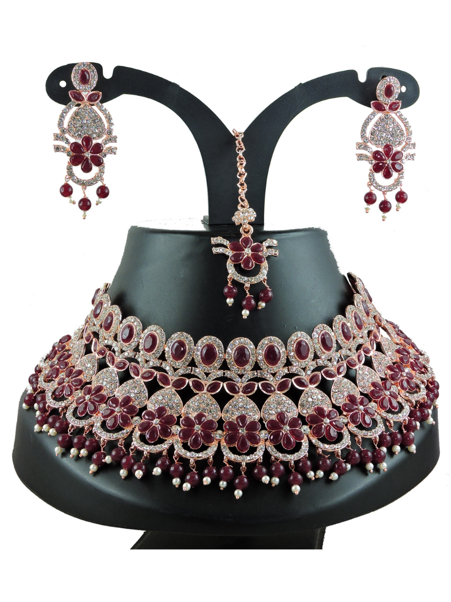 Maroon Alloy Festival Wear Diamonds Necklace
