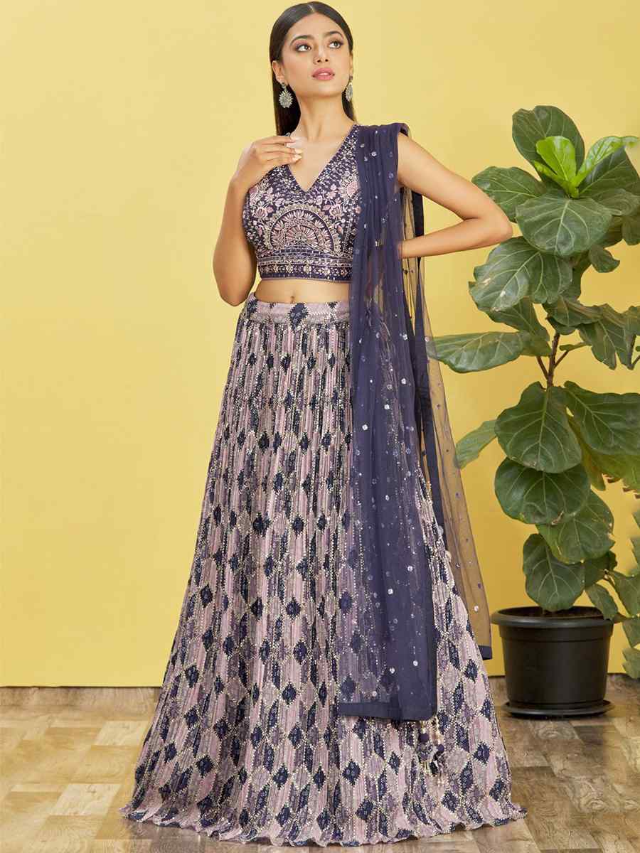 Blue Chinon Embroidered Party Wear Festival Circular Lehenga Choli