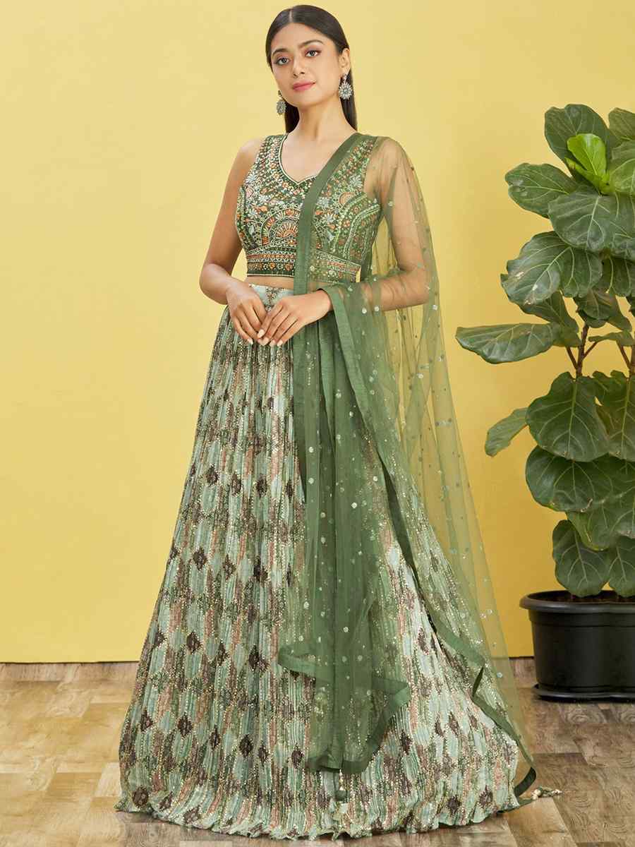 Green Chinon Embroidered Party Wear Festival Circular Lehenga Choli
