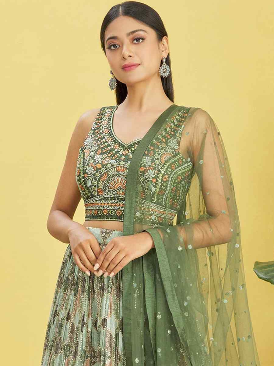 Green Chinon Embroidered Party Wear Festival Circular Lehenga Choli