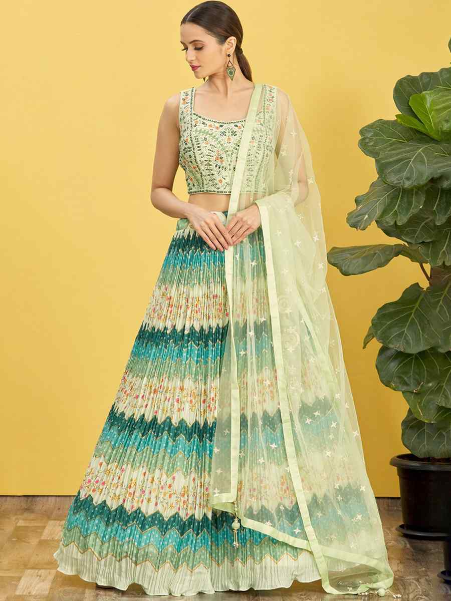 Green Chinon Embroidered Party Wear Festival Circular Lehenga Choli