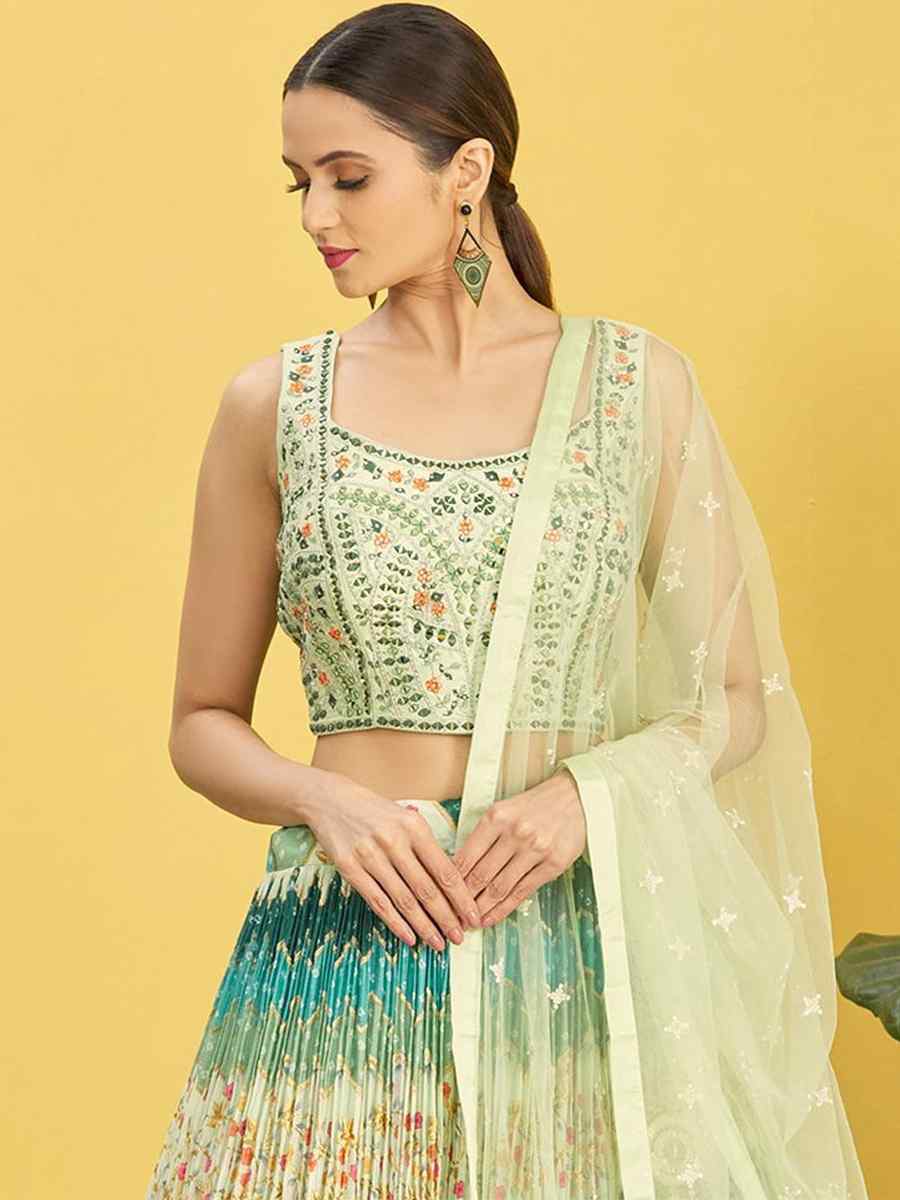 Green Chinon Embroidered Party Wear Festival Circular Lehenga Choli