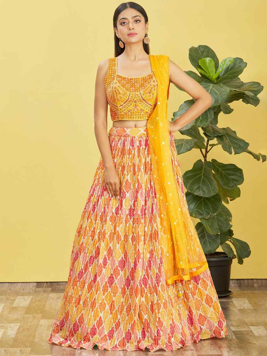Yellow Chinon Embroidered Party Wear Festival Circular Lehenga Choli