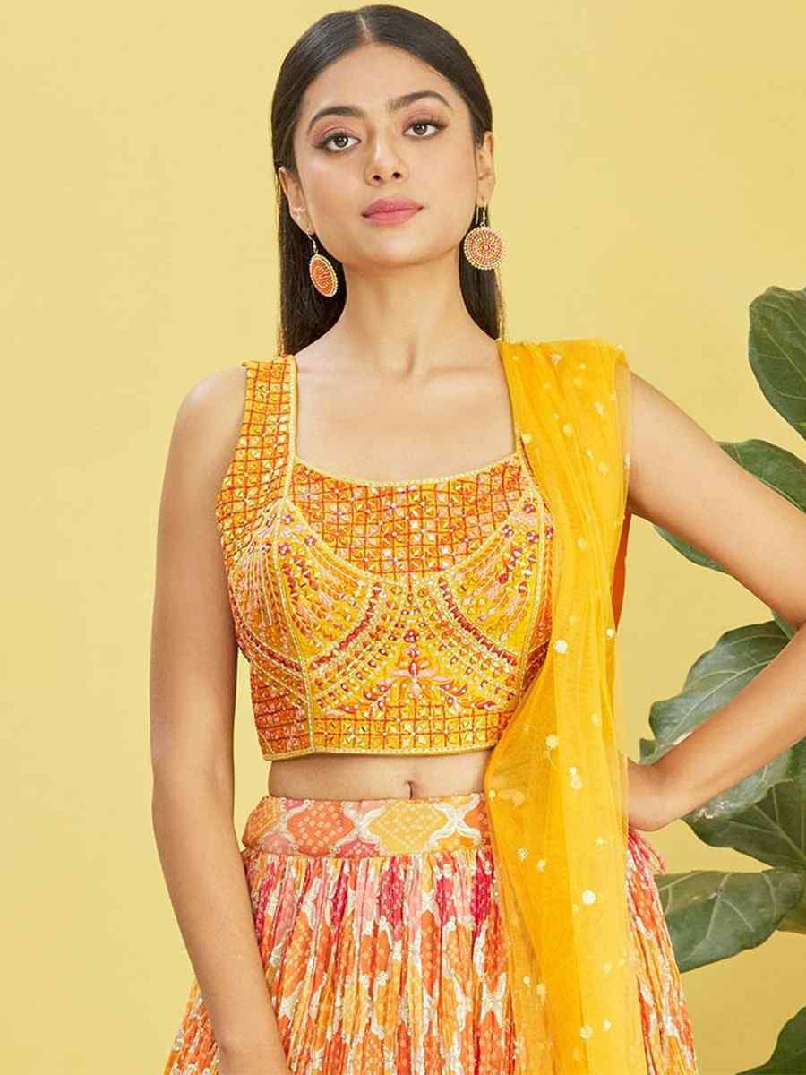 Yellow Chinon Embroidered Party Wear Festival Circular Lehenga Choli