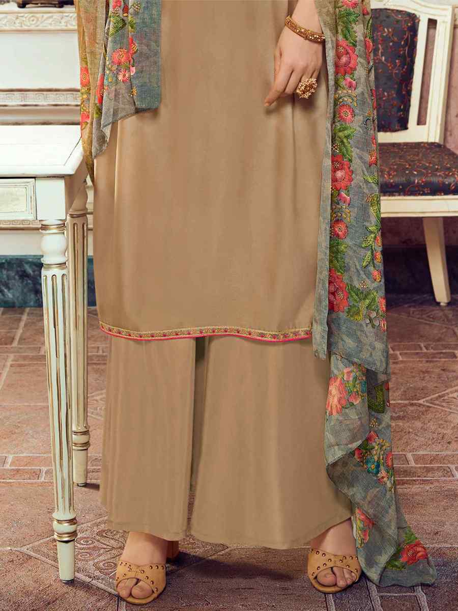 Beige Satin Georgette Embroidered Festival Casual Palazzo Pant Salwar Kameez