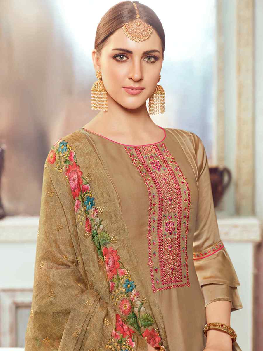 Beige Satin Georgette Embroidered Festival Casual Palazzo Pant Salwar Kameez