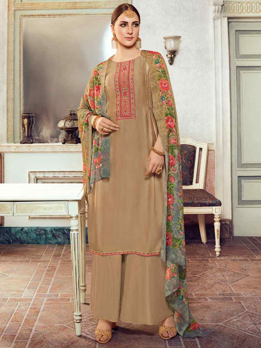 Beige Satin Georgette Embroidered Festival Casual Palazzo Pant Salwar Kameez