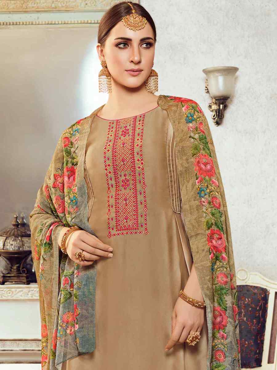 Beige Satin Georgette Embroidered Festival Casual Palazzo Pant Salwar Kameez