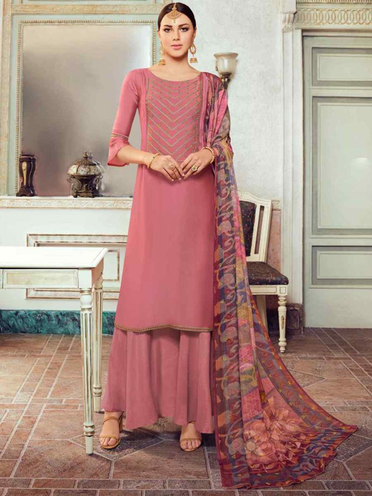 Peach Satin Georgette Embroidered Festival Casual Palazzo Pant Salwar Kameez