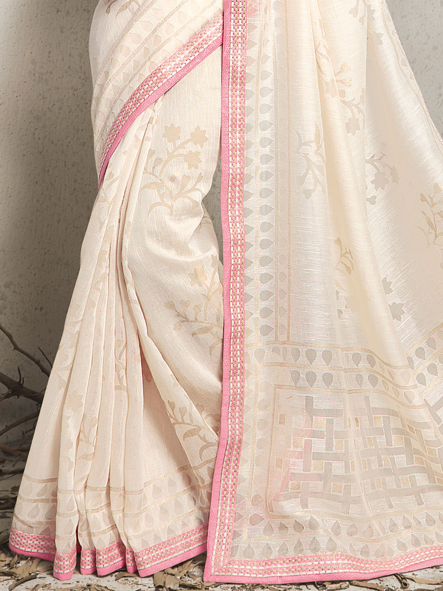 Off-White Linen Printed Casual Saree