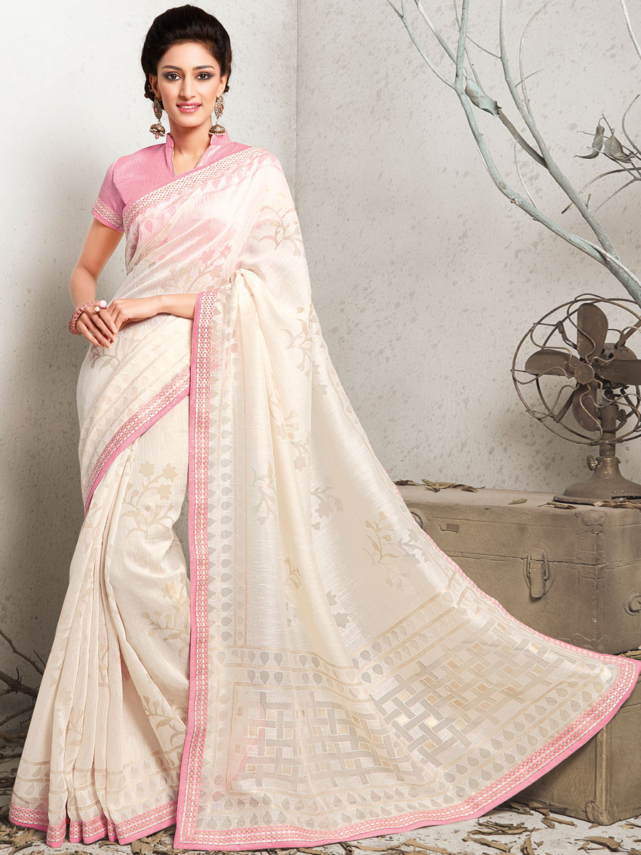Off-White Linen Printed Casual Saree