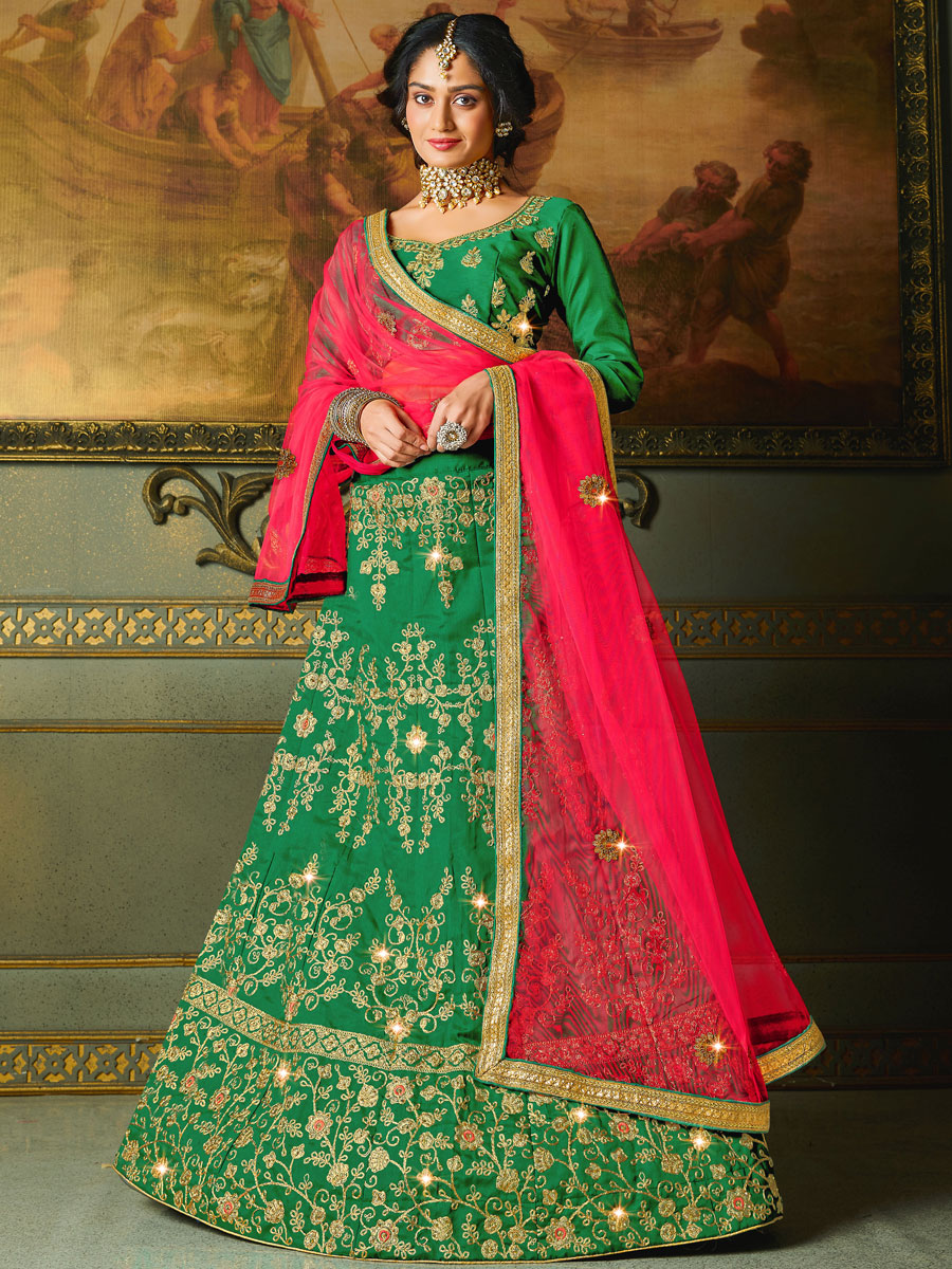 Parrot Green Silk Embroidered Wedding Lehenga Choli