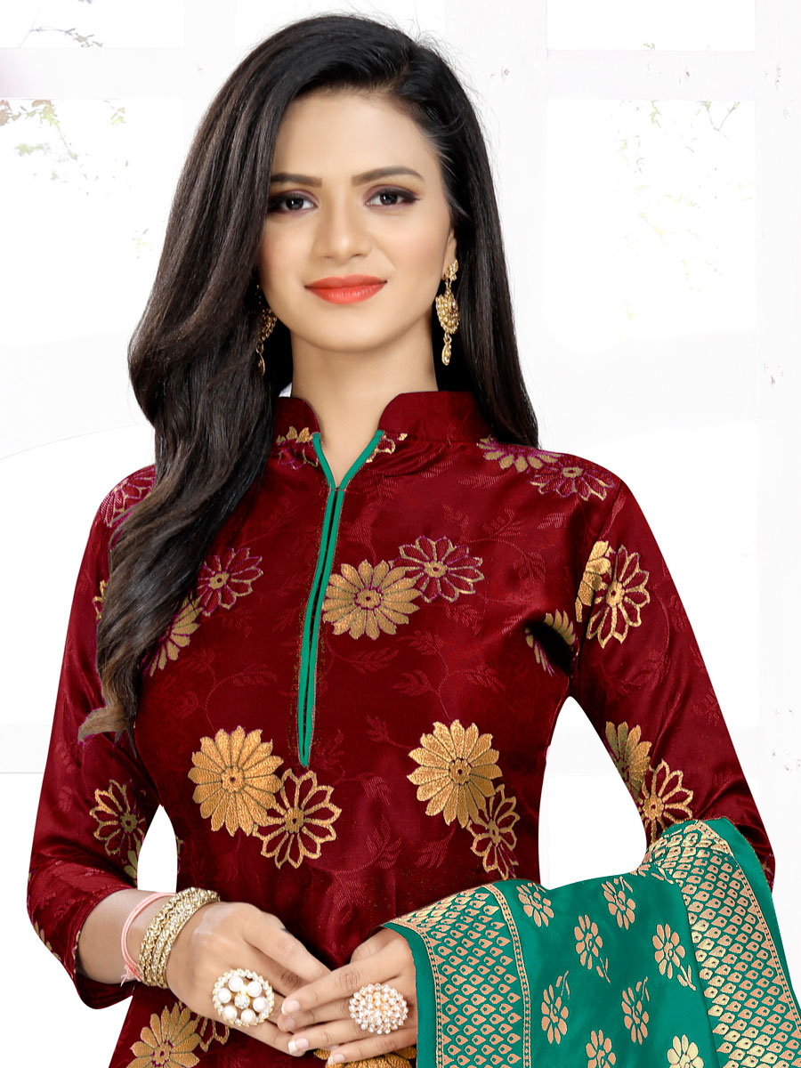 Maroon  Banarasi Silk Handwoven Casual Churidar Pant Kameez
