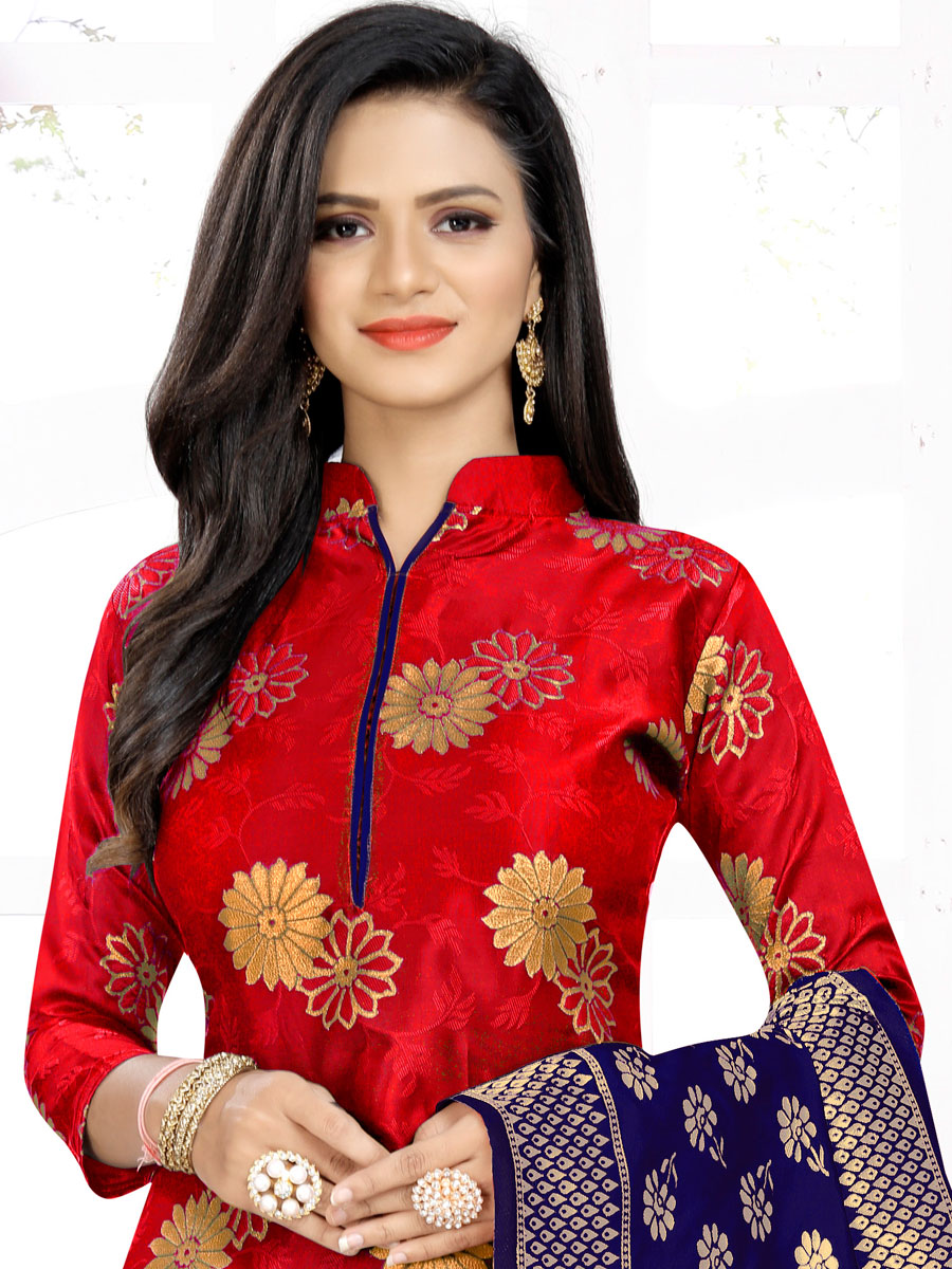 Rose Madder Red  Banarasi Silk Handwoven Casual Churidar Pant Kameez