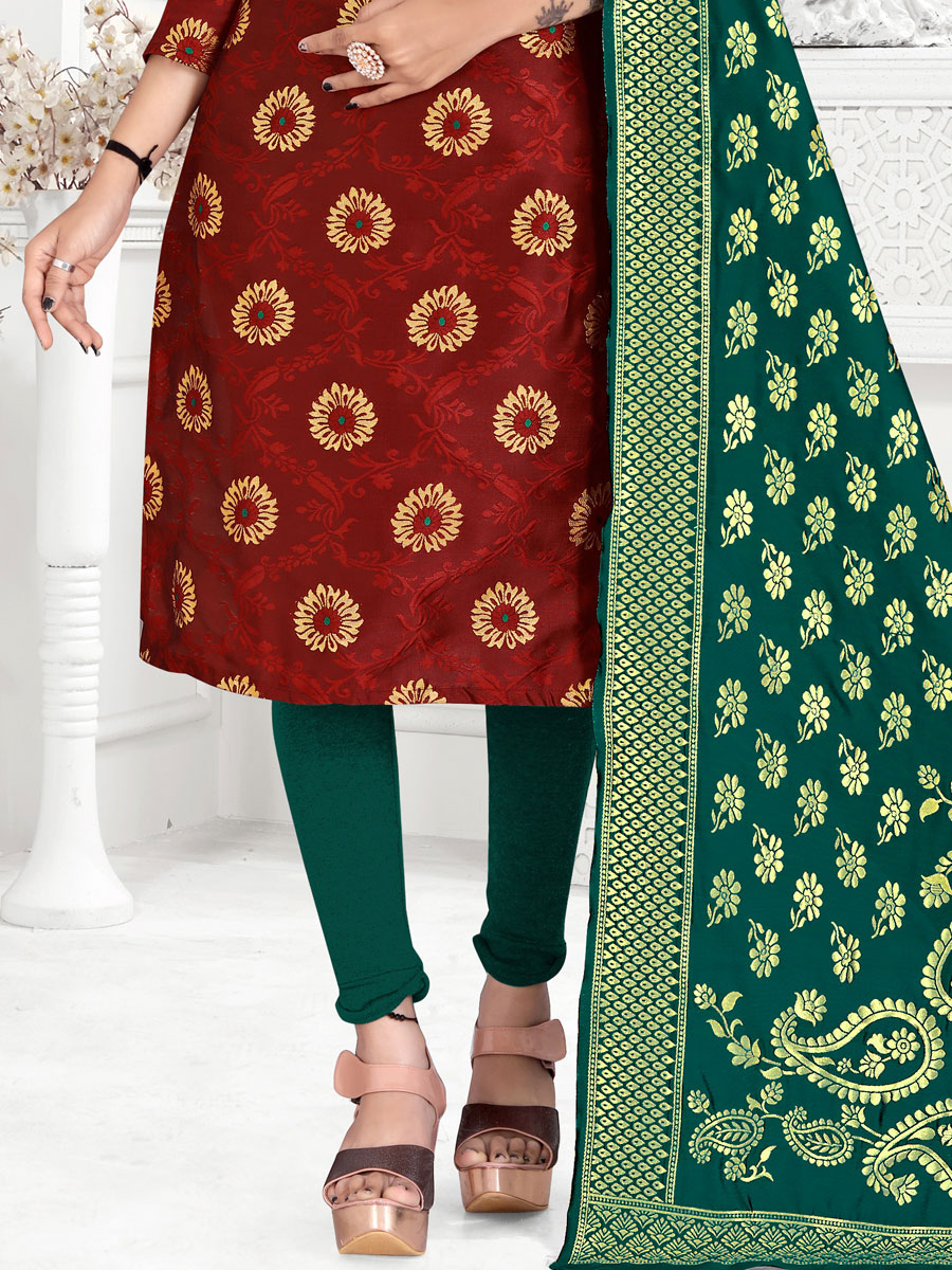Maroon Banarasi Silk Handwoven Casual Churidar Pant Kameez