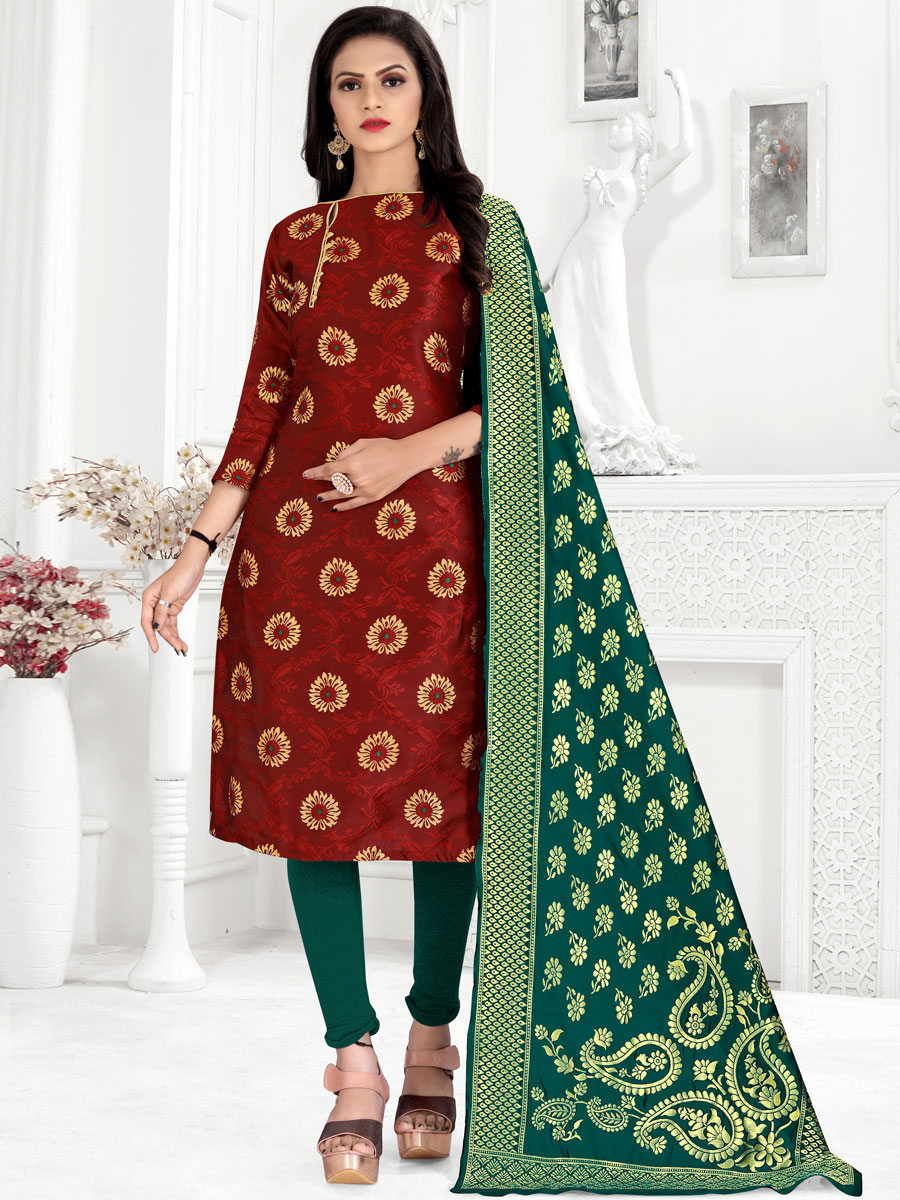 Maroon Banarasi Silk Handwoven Casual Churidar Pant Kameez