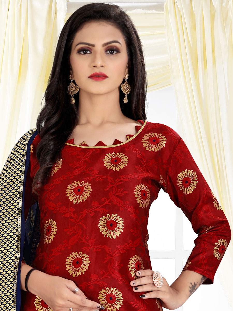 Rose Madder Red Banarasi Silk Handwoven Casual Churidar Pant Kameez