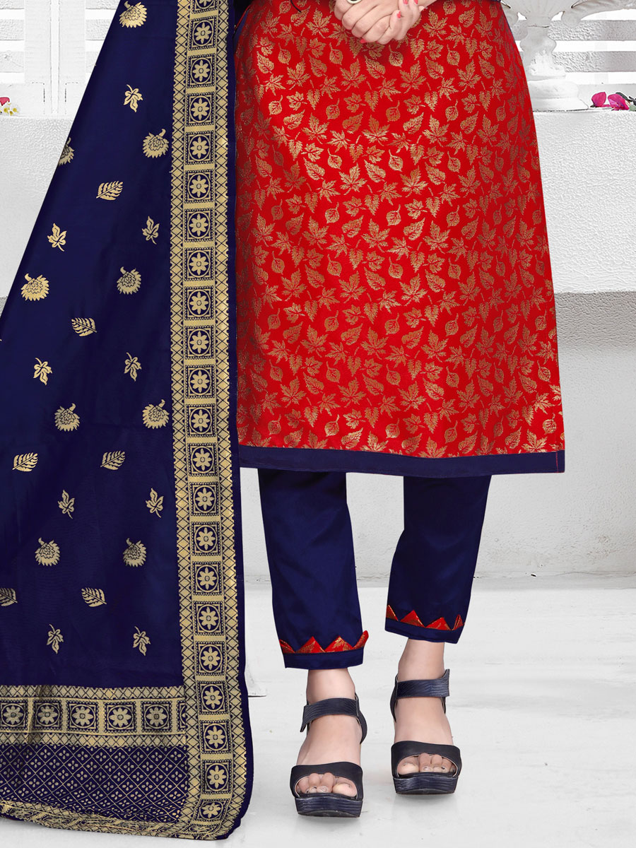 Rose Madder Red Banarasi Silk Handwoven Casual Pant Kameez