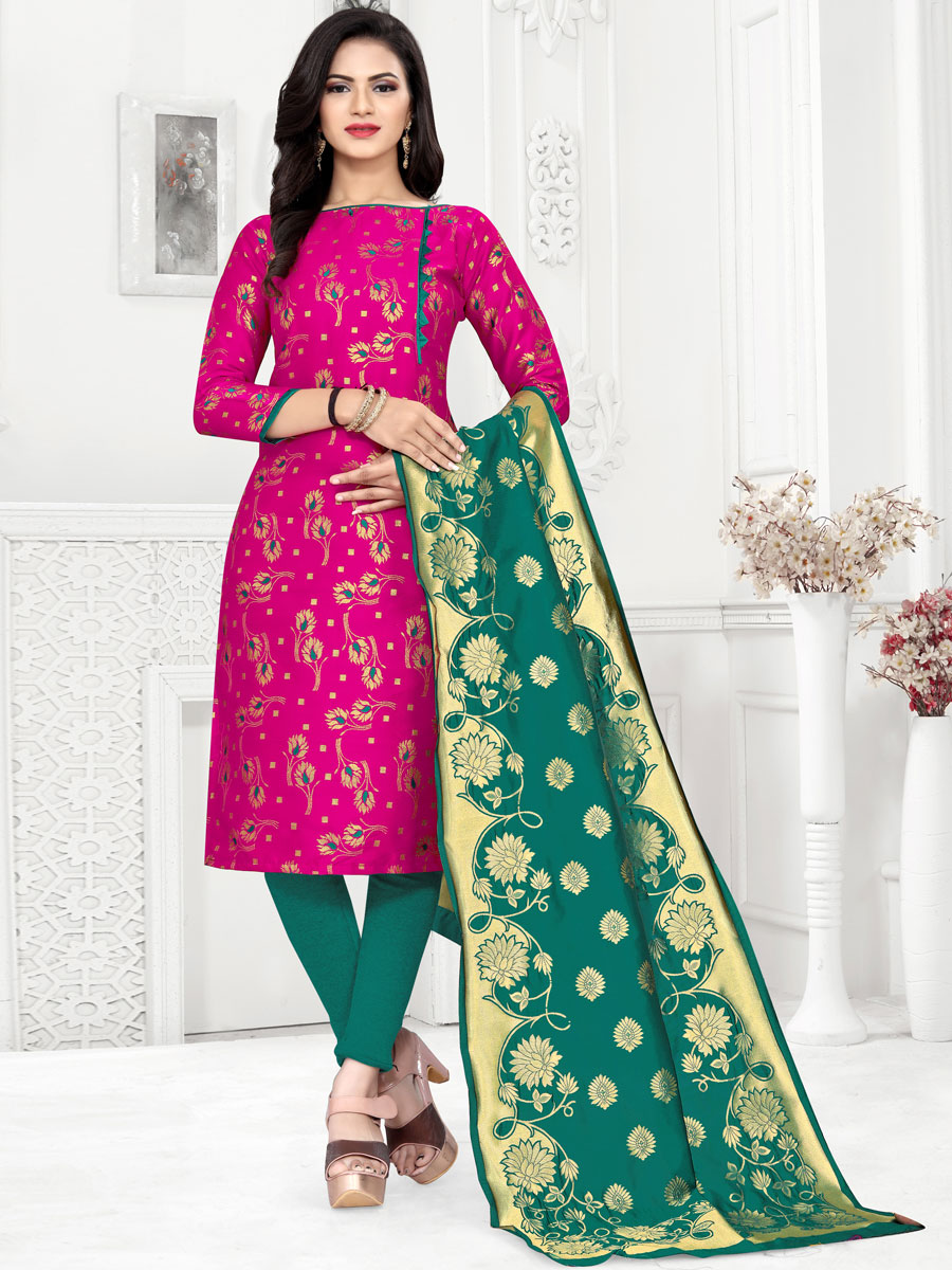 Magenta Pink Banarasi Silk Handwoven Casual Pant Kameez