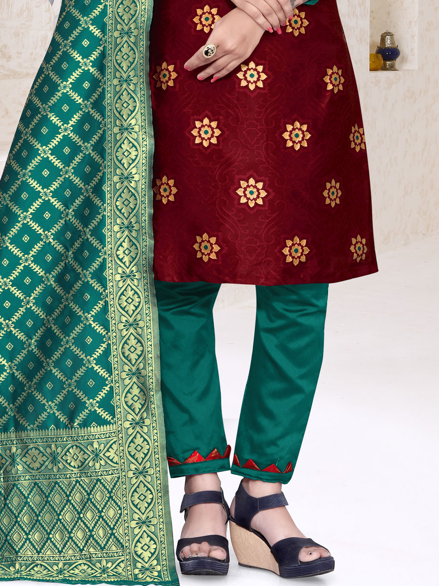 Maroon Banarasi Silk Handwoven Casual Pant Kameez