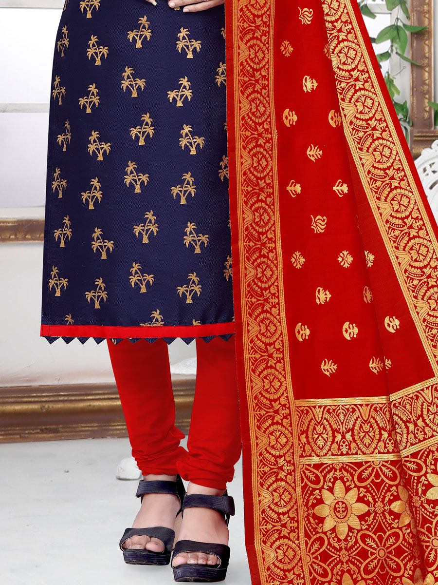 Navy Blue Banarasi Silk Handwoven Casual Churidar Pant Kameez