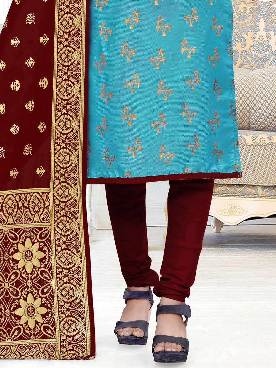 Sky Blue Banarasi Silk Handwoven Casual Churidar Pant Kameez