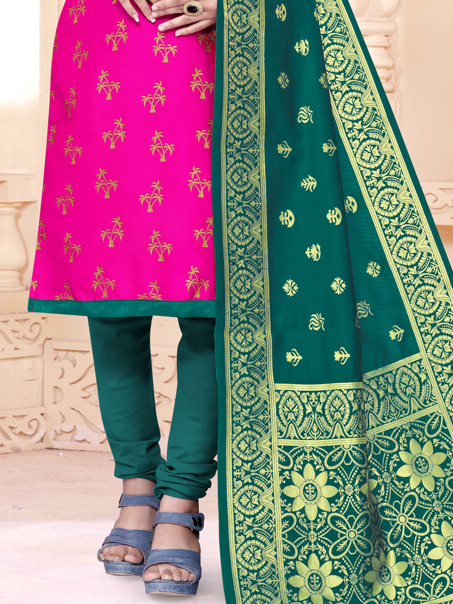 Magenta Pink Banarasi Silk Handwoven Casual Churidar Pant Kameez