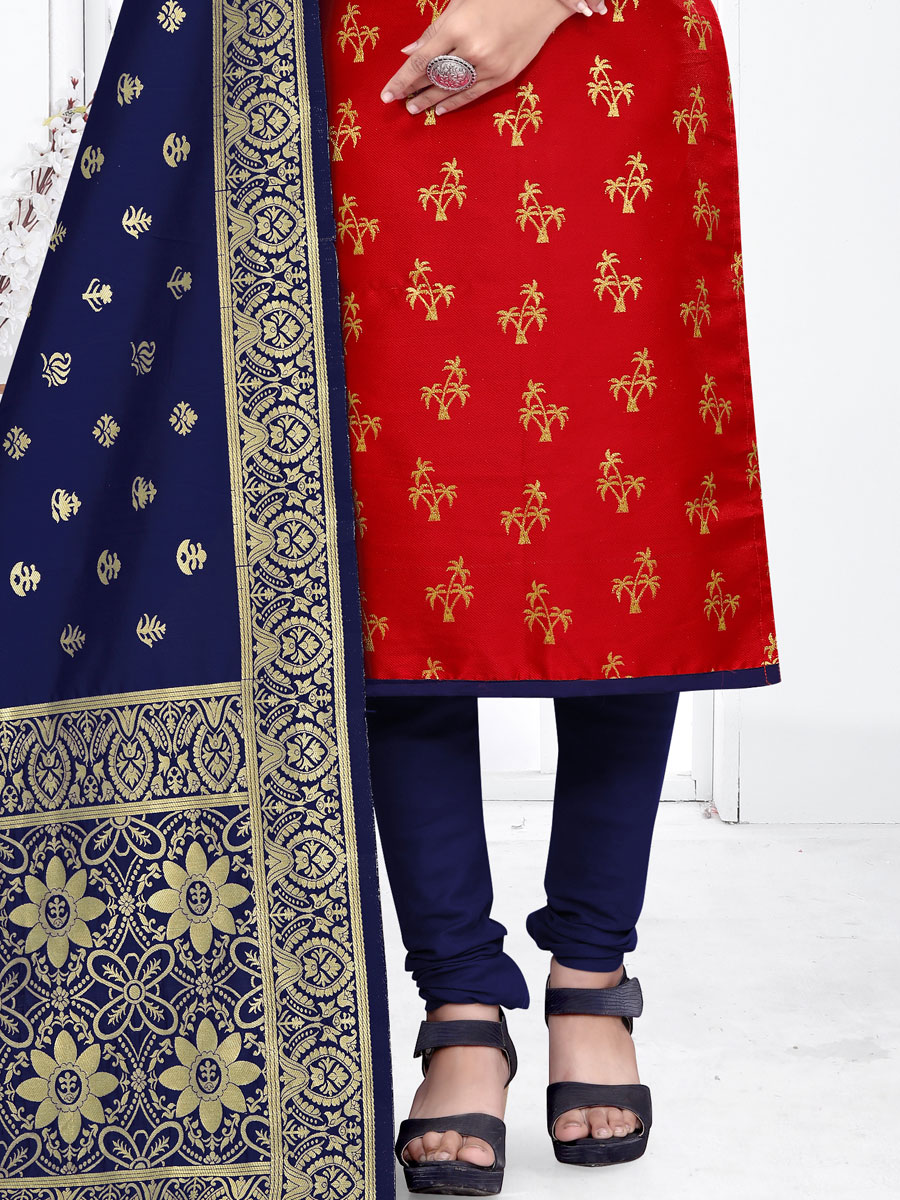 Rose Madder Red Banarasi Silk Handwoven Casual Churidar Pant Kameez