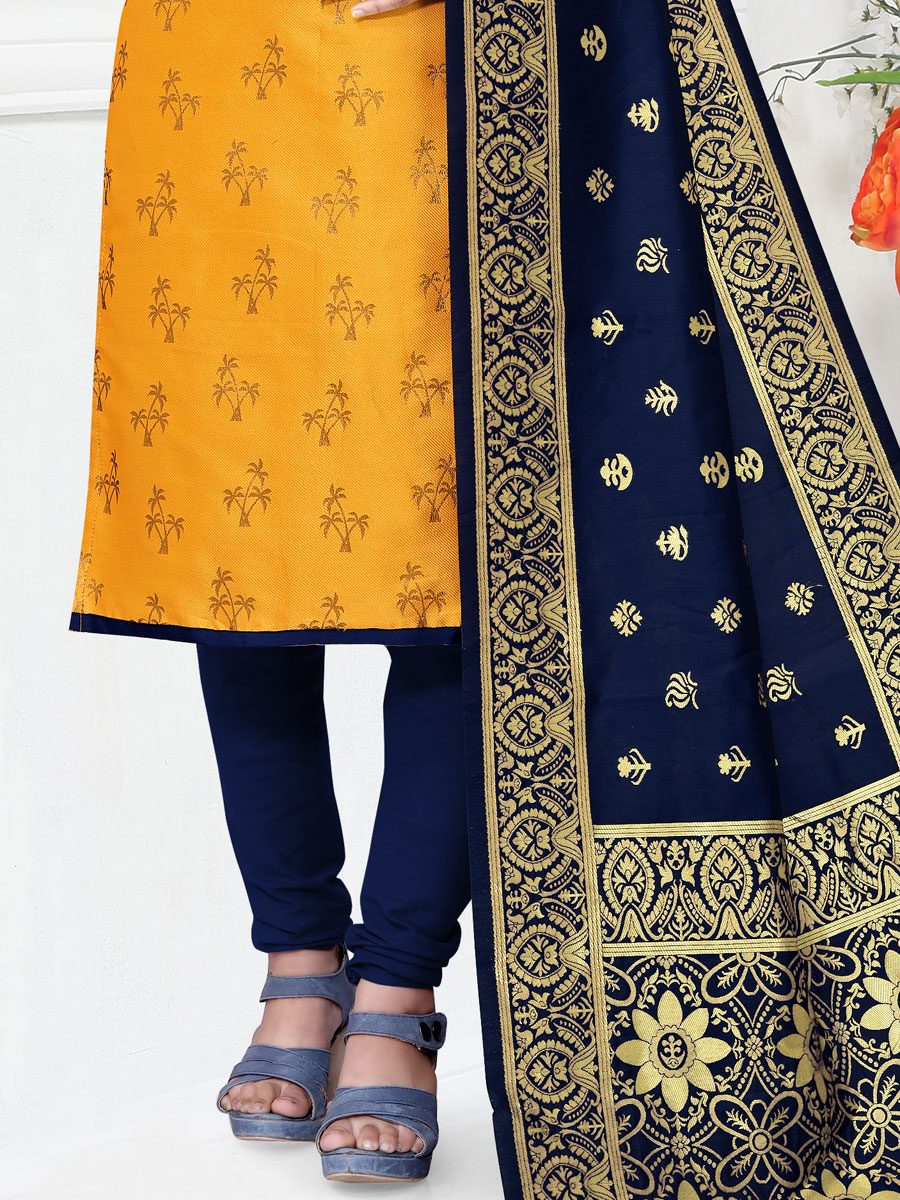 Mustard Yellow Banarasi Silk Handwoven Casual Churidar Pant Kameez
