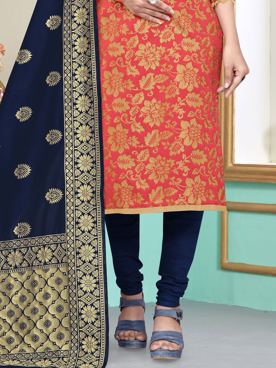 Persimmon Red Banarasi Silk Handwoven Casual Churidar Pant Kameez
