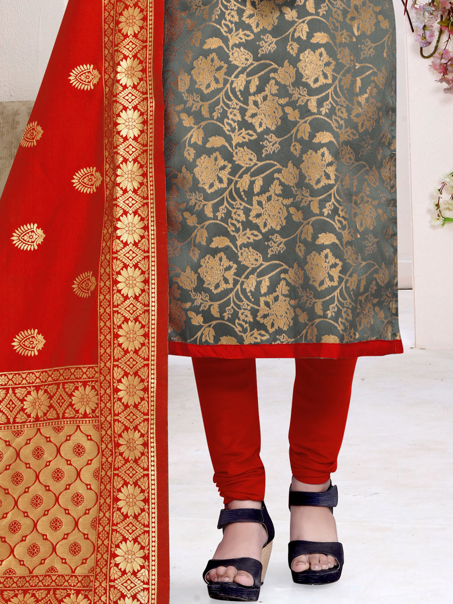 Gray Banarasi Silk Handwoven Casual Churidar Pant Kameez