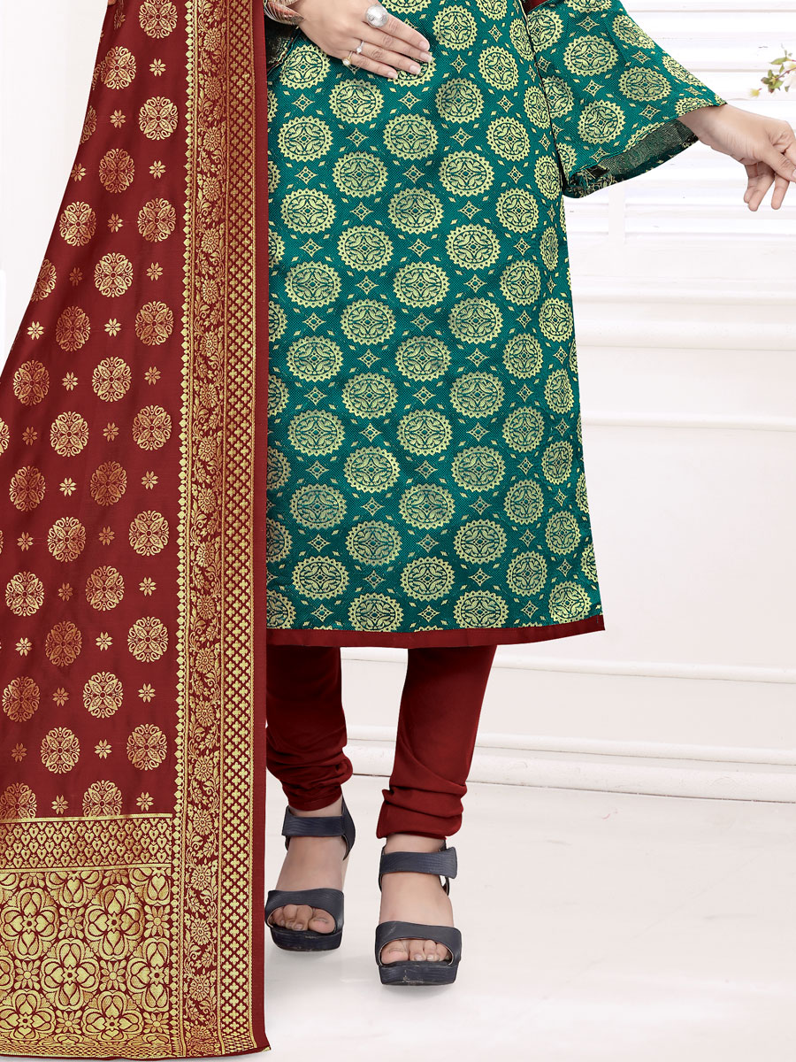 Pine Green Banarasi Silk Handwoven Casual Churidar Pant Kameez