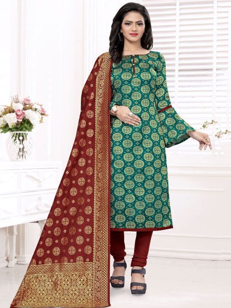 Pine Green Banarasi Silk Handwoven Casual Churidar Pant Kameez