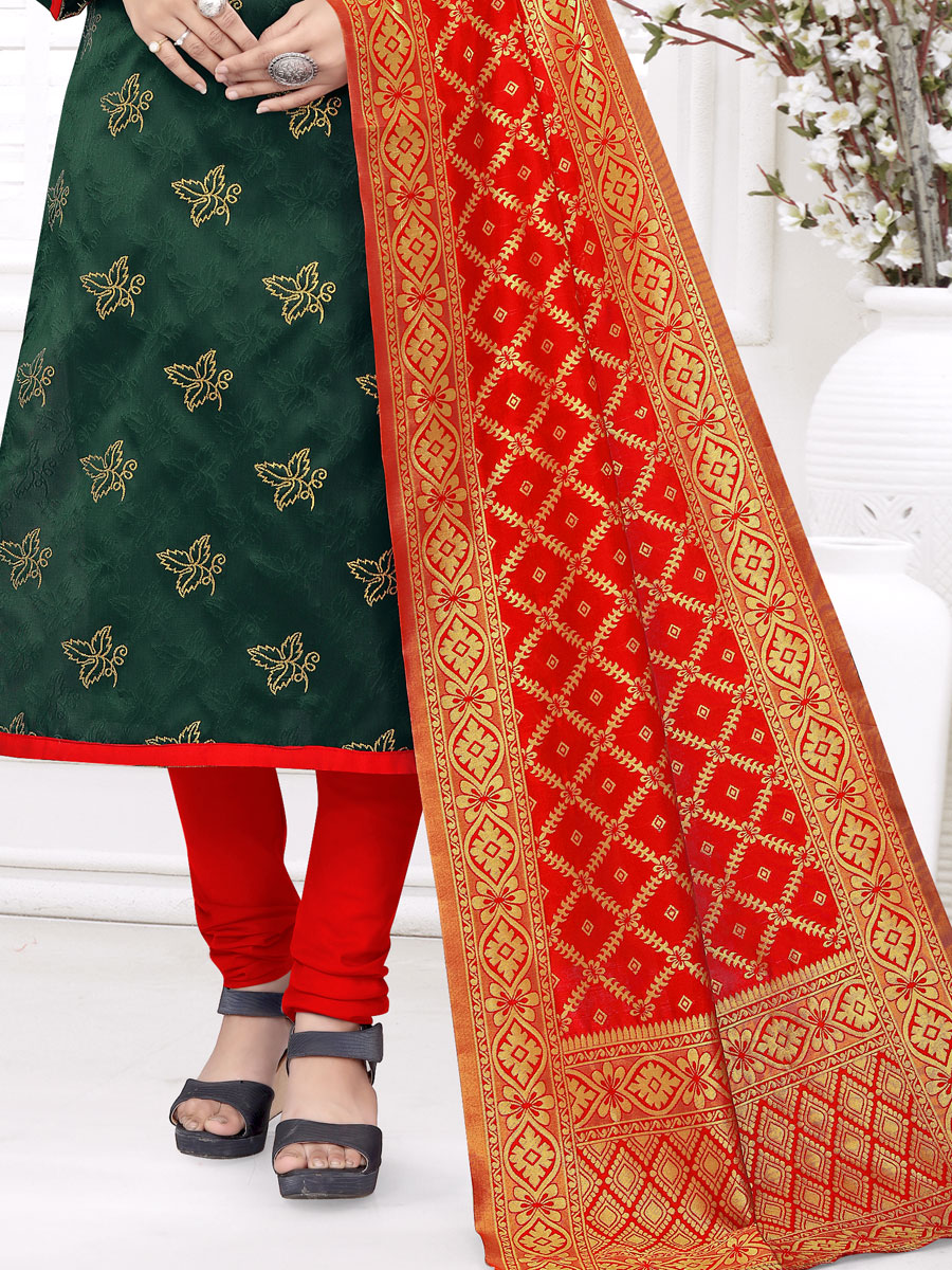Hunter Green Banarasi Silk Handwoven Casual Churidar Pant Kameez