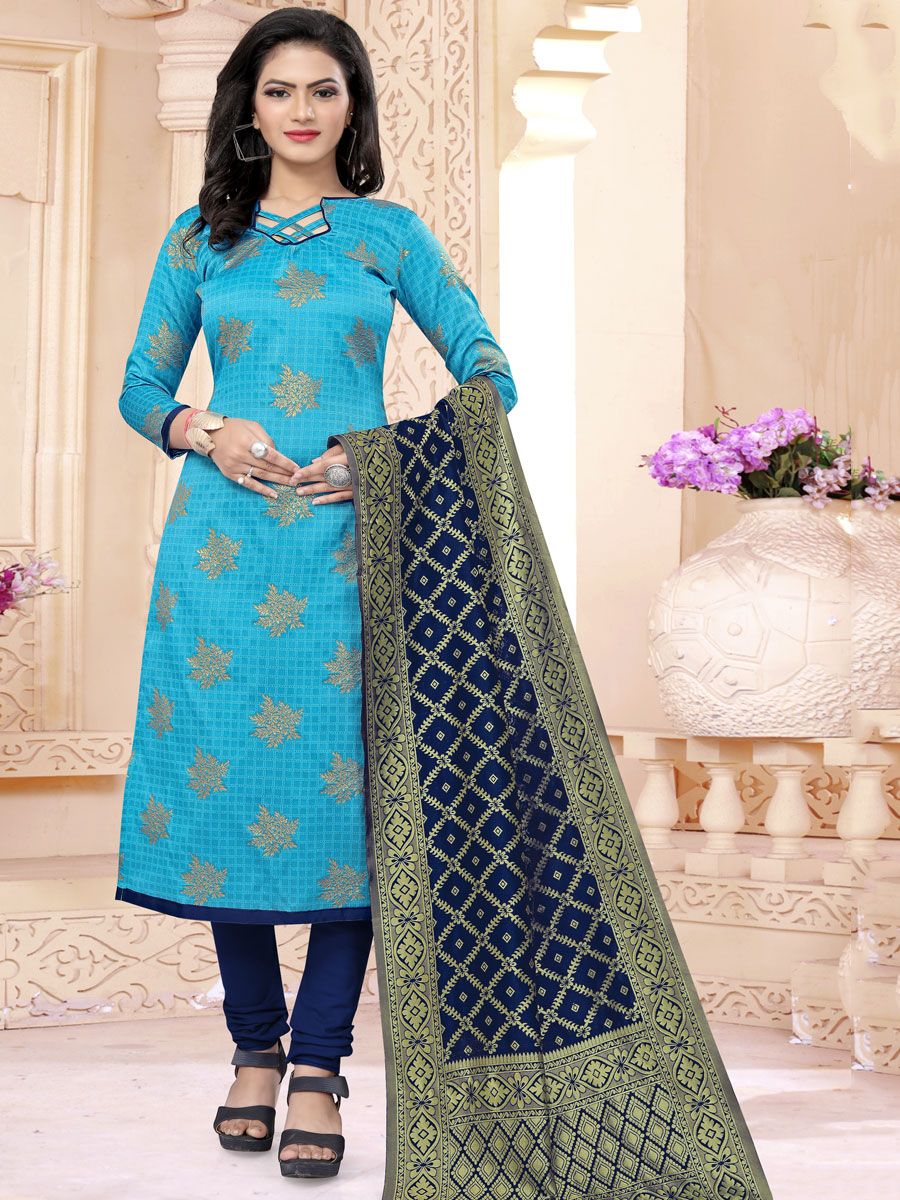 Sky Blue Banarasi Silk Handwoven Casual Churidar Pant Kameez