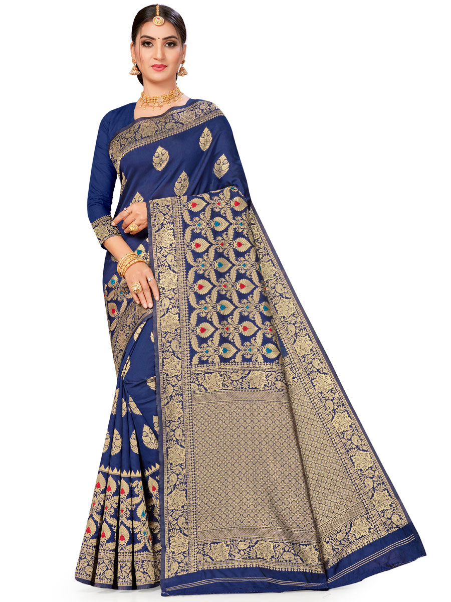 Navy Blue Banarasi Silk Handwoven Festival Saree