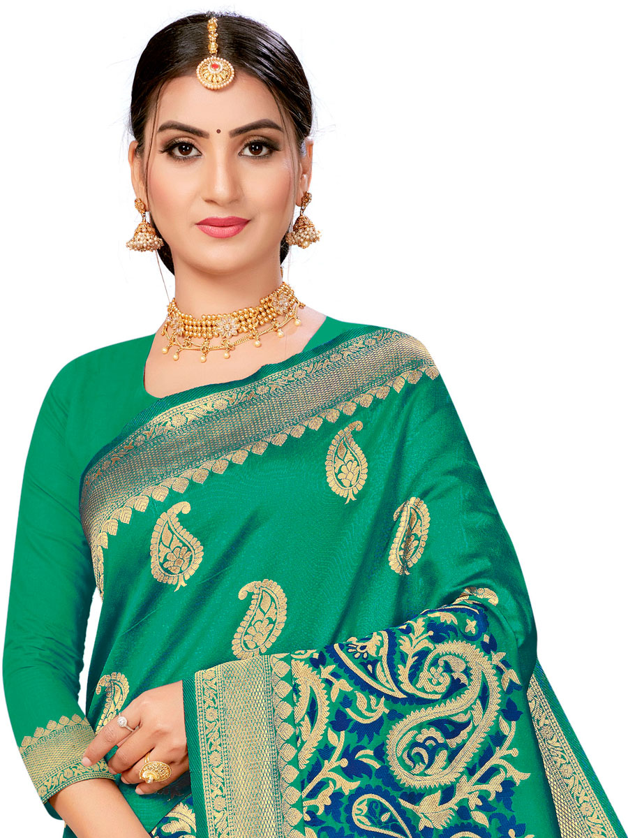 Persian Green Banarasi Silk Handwoven Festival Saree