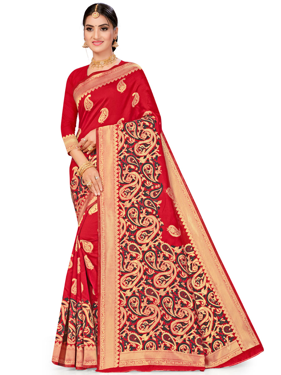 Rose Madder Red Banarasi Silk Handwoven Festival Saree