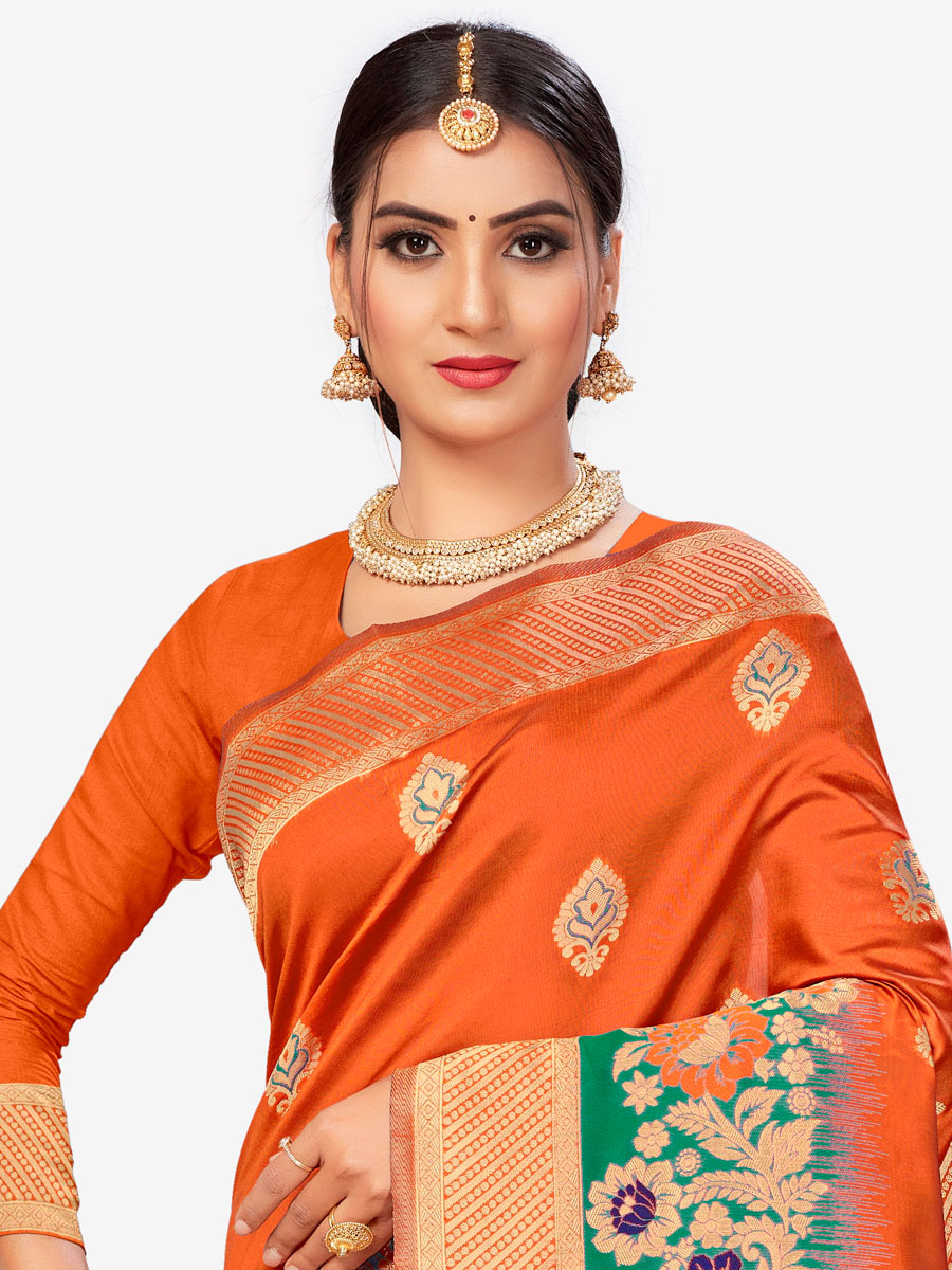 Pumpkin Orange Banarasi Silk Handwoven Festival Saree
