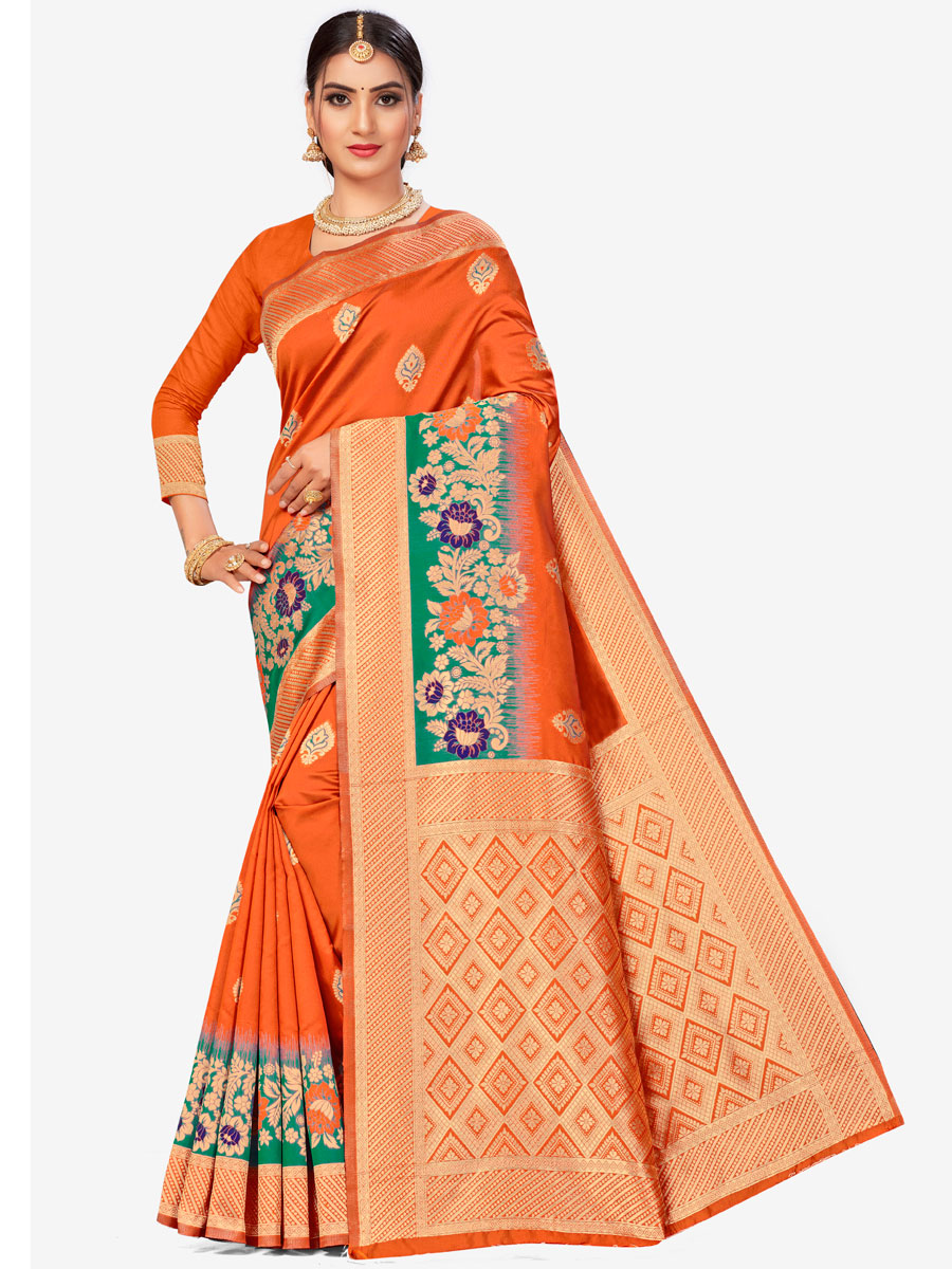 Pumpkin Orange Banarasi Silk Handwoven Festival Saree