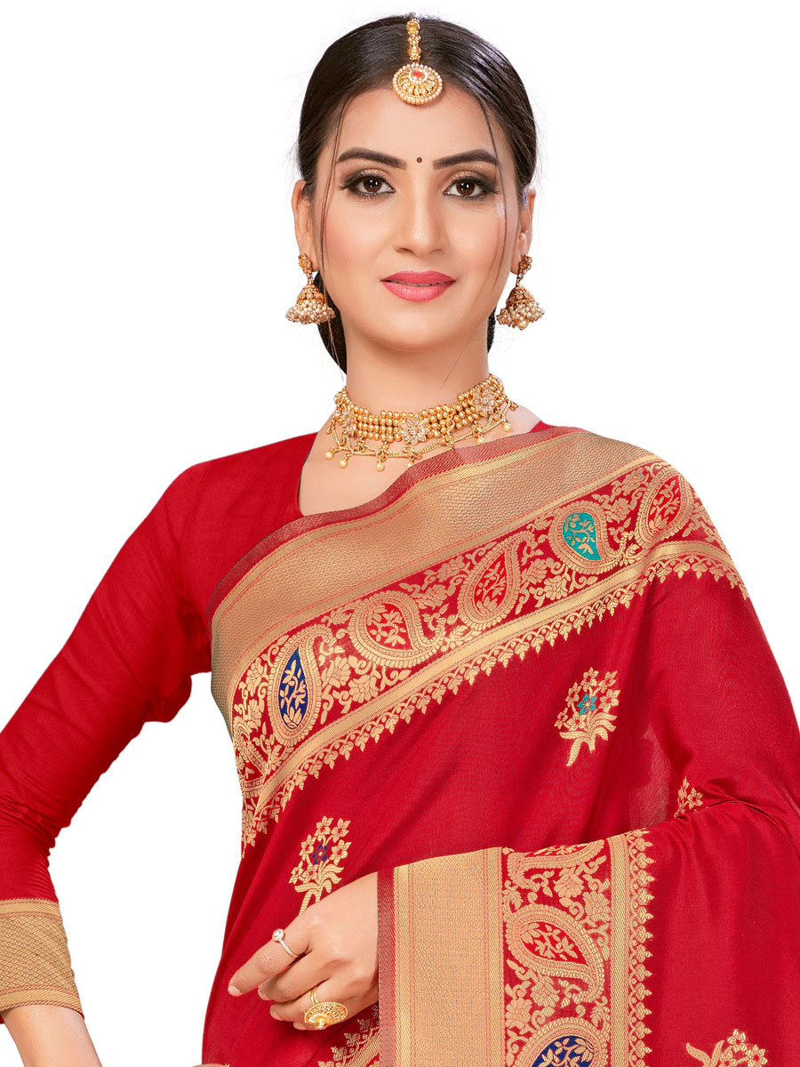 Rose Madder Red Banarasi Silk Handwoven Festival Saree