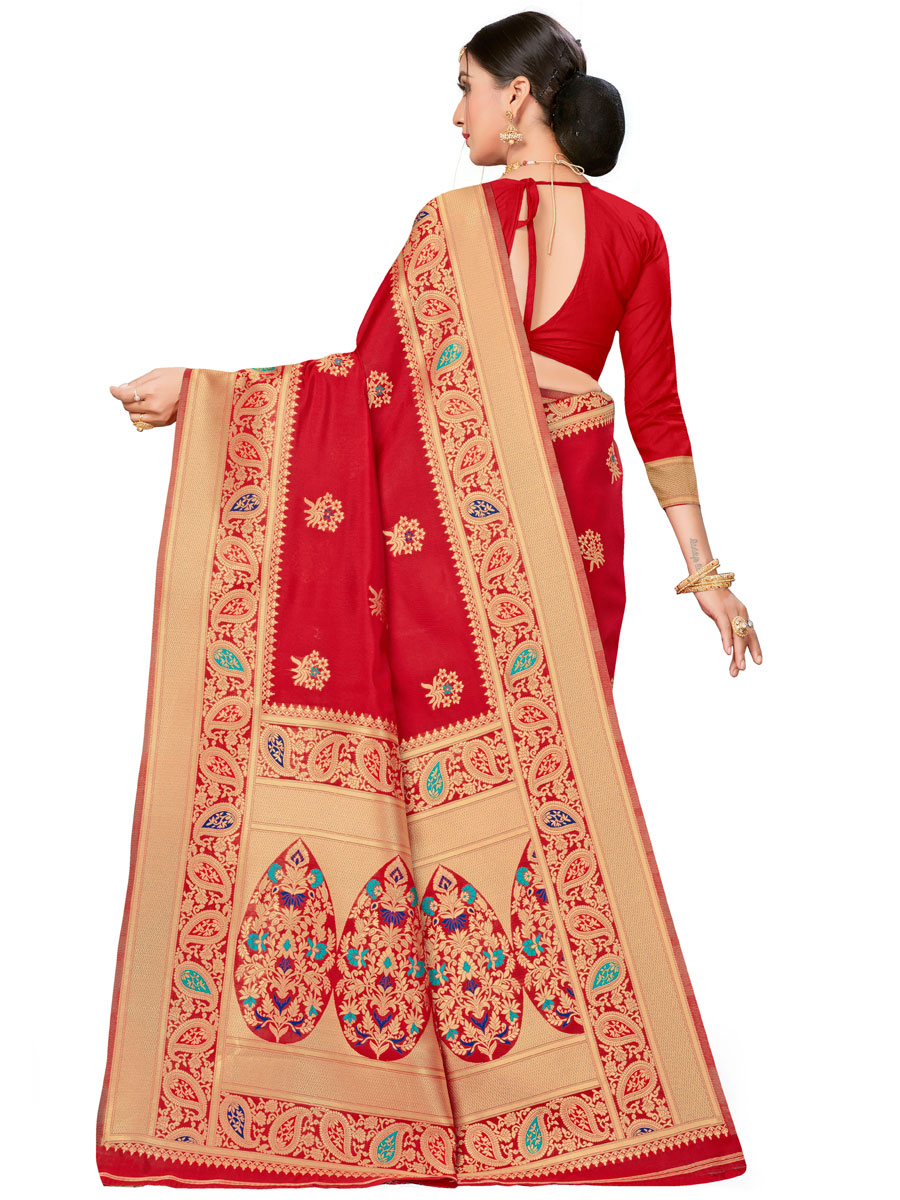 Rose Madder Red Banarasi Silk Handwoven Festival Saree