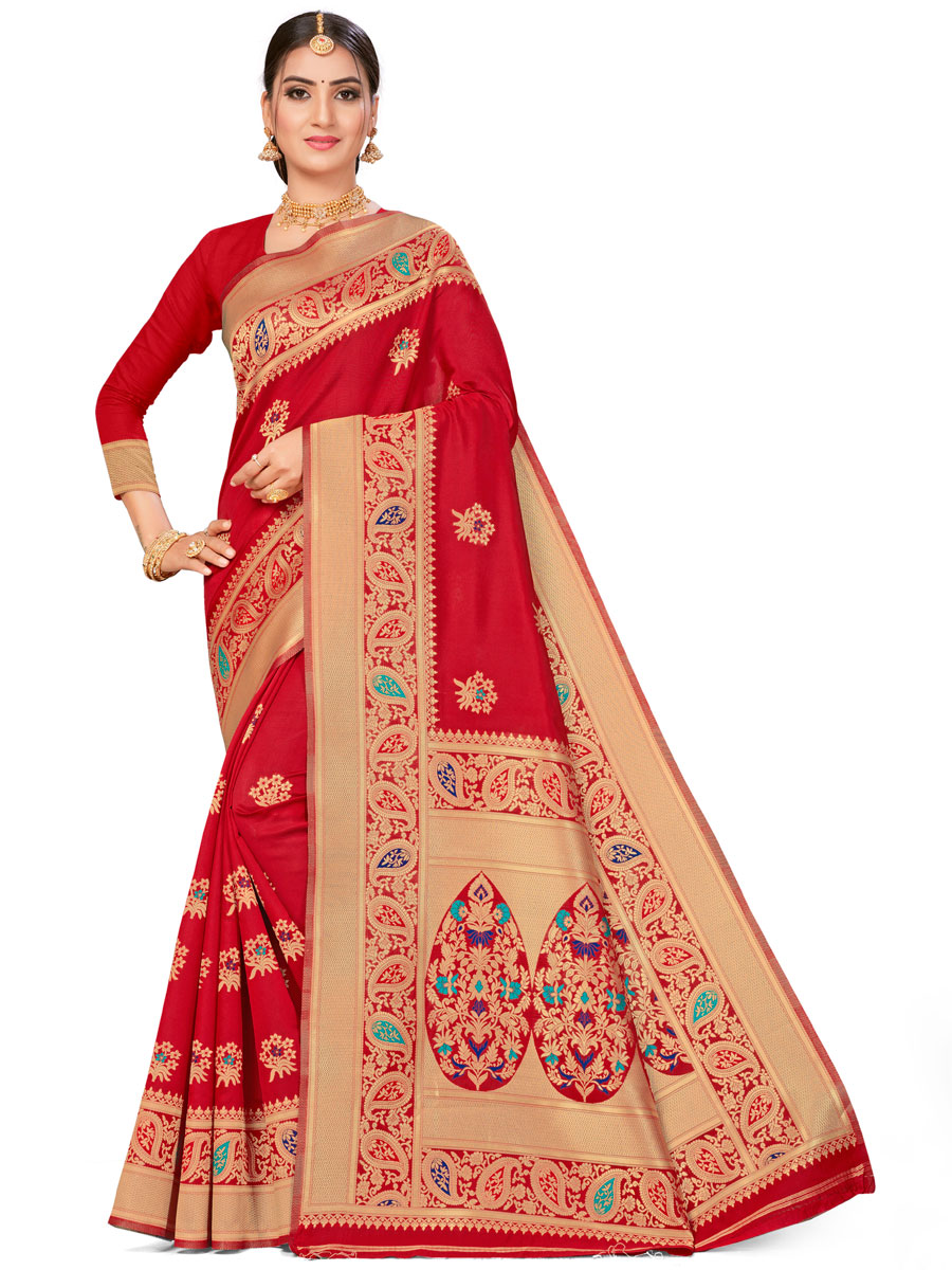 Rose Madder Red Banarasi Silk Handwoven Festival Saree